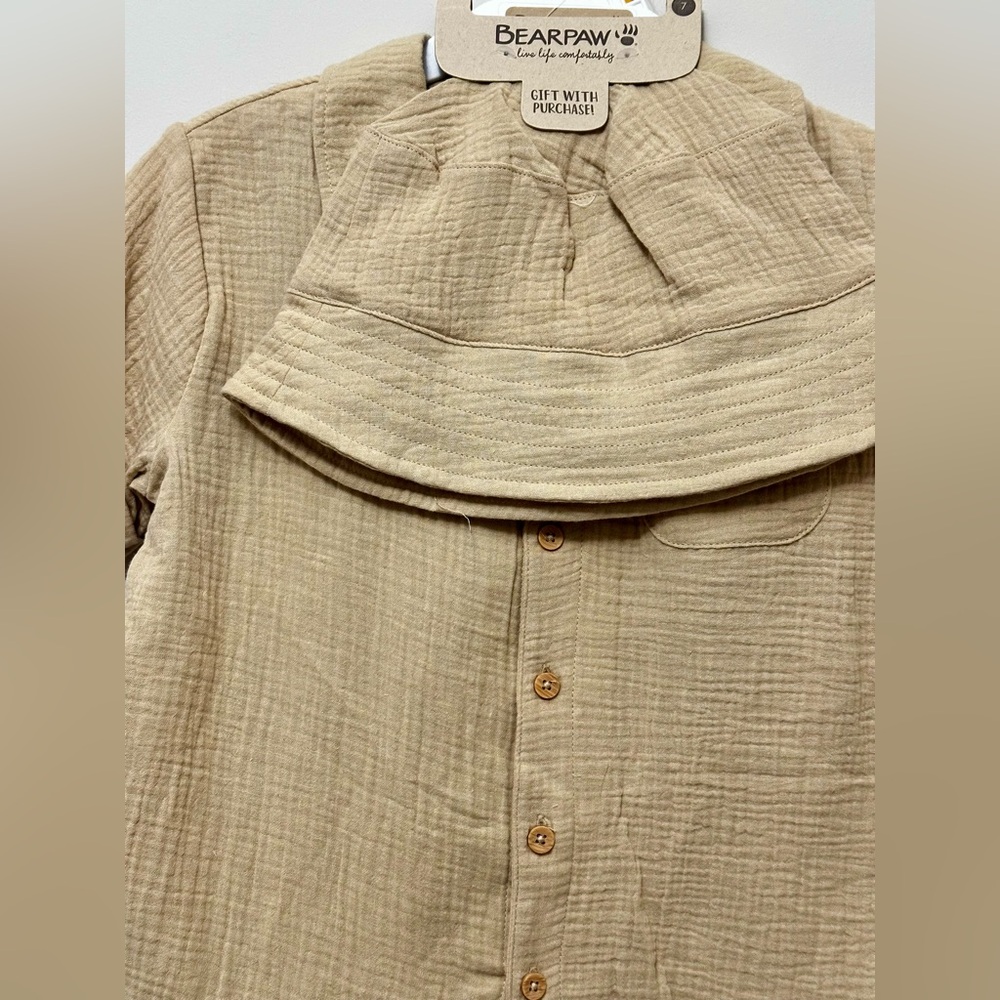 NWT BearPaw Kids Tan Two-Piece Button-Up Shirt and Shorts Set Size 7